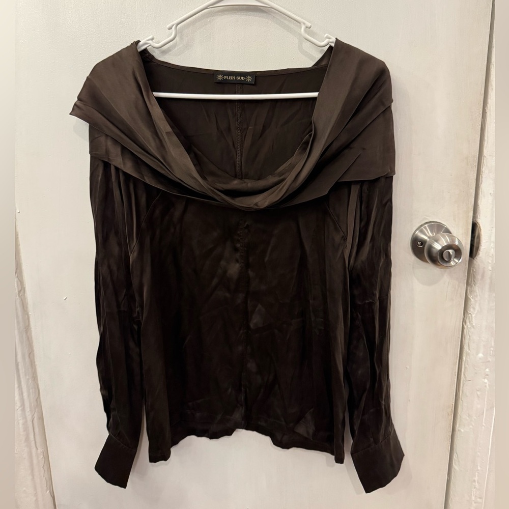Plein Sud Dark Brown Draped Silk Blouse